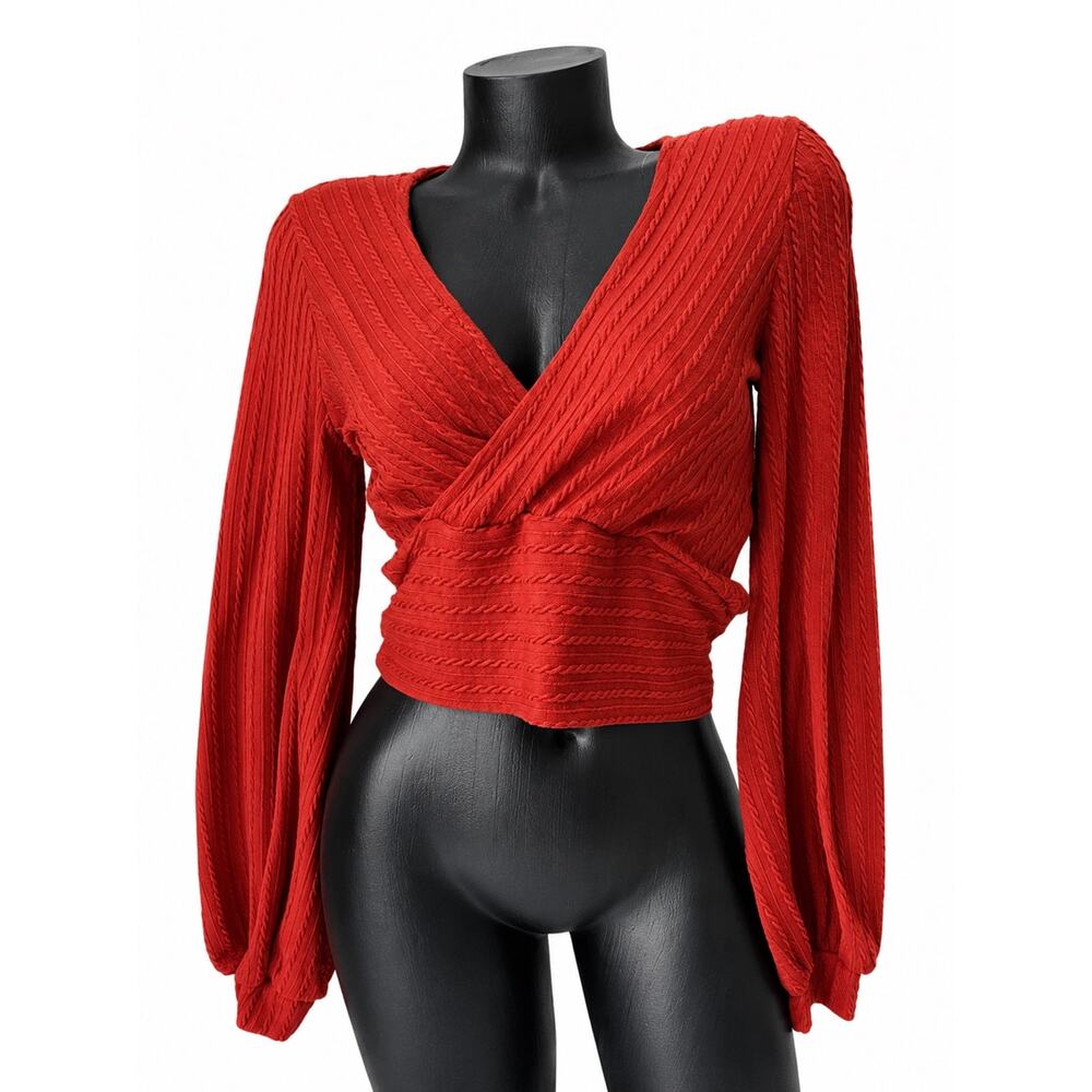 Zaful Red Cable Knit Wrap Crop Top Women Small V Neck Bishop Sleeve Sweater